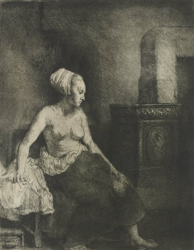 Halfnaakte vrouw bij een fornuis, 1658 door Rembrandt van Rijn